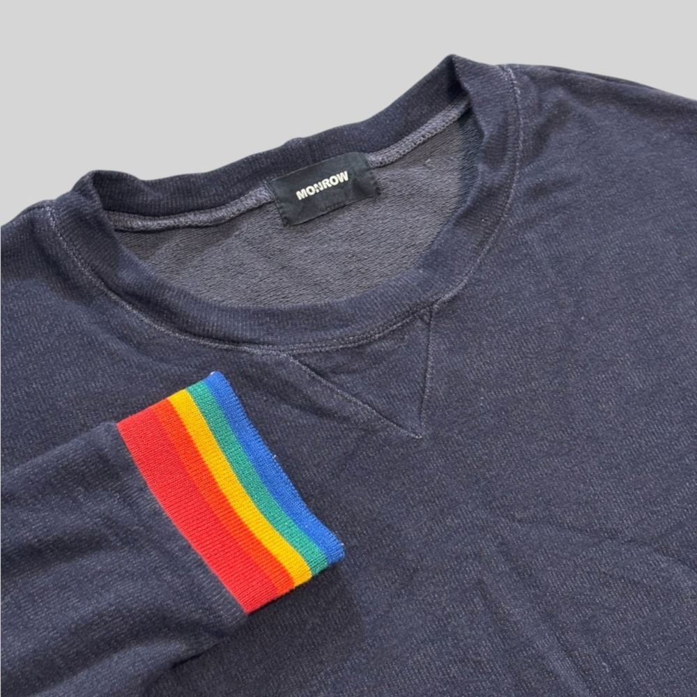 Monrow Women's Small Sweatshirt Rainbow Cuffs Soft Stretchy Navy Blue USA